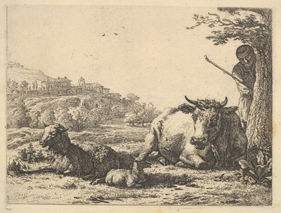 Kráva, dospělá ovce a mladé ovce ležící v trávě, za nimi částečně stojí pastýř ..., 1656. od Karel Du Jardin