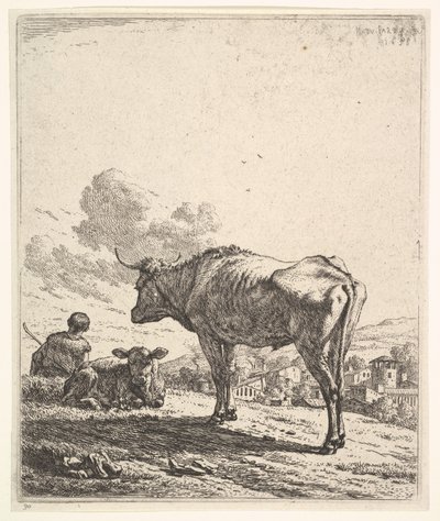Pastevec krav s krávou a teletem na svahu, pasáček při pohledu zezadu a sedící v ..., 1658. od Karel Du Jardin