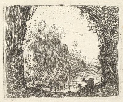 Krajina lemovaná stromy v levém a pravém popředí, siluety dvou goa..., ca. 1641-78. od Karel Du Jardin
