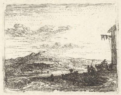 Krajina s rohem budovy a markýzou zcela vpravo, dvě postavy a kůň-..., ca. 1641-78. od Karel Du Jardin