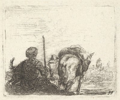 Tažný kůň, sedící muž s hůlkou v pravé ruce a pes, vše při pohledu zezadu..., ca. 1641-78. od Karel Du Jardin