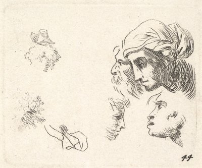 Studie hlav v pohledu z profilu, žena s pokrývkou hlavy a vousatý muž, jehož hlavy ..., ca. 1641-78. od Karel Du Jardin