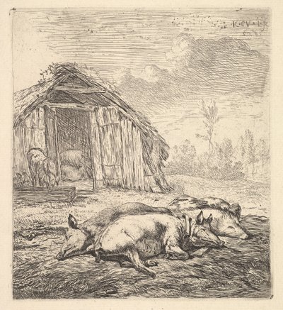 Tři prasata ležící na boku, chlívek a koryto za ním, 1652. od Karel Du Jardin