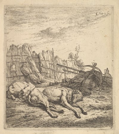 Dva psi spící na zemi, pluh, zemědělské vybavení, trsy slámy a ..., ca. 1641-78. od Karel Du Jardin