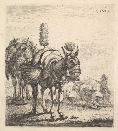 Dva mezci nesoucí brašny a vybaveni klapkami, chocholy a střapci, jeden mul..., ca. 1641-78. od Karel Du Jardin