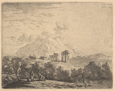 Pohled na svah s ruinami akvaduktu a horského útesu za ním, v popředí m..., 1658. od Karel Du Jardin