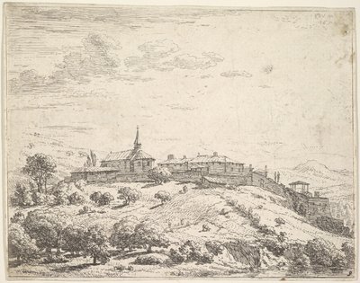 Opevněná vesnice na kopci s kostelem vlevo a budovami postavenými na svahu..., 1658. od Karel Du Jardin