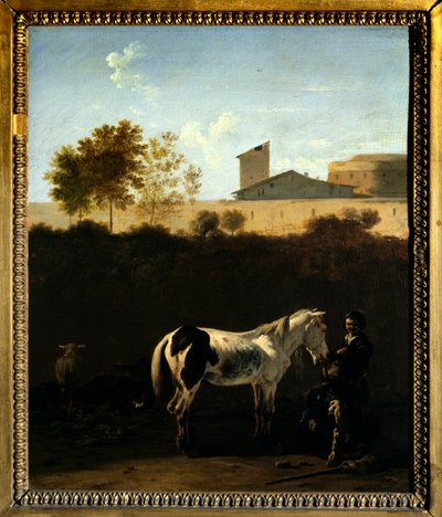 Krajina Itálie s obrazem Patres a Horse Pie od Karla Dujardina (1621-1678) (ek.holl.) 1675 Ne. 0,32x0,27 m Paříž, Musee du Louvre. od Karel Dujardin