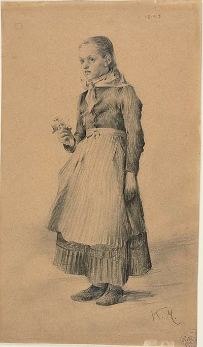 Dívka v selských šatech (recto); List náčrtů: Ženy a dívky (verze) od Karel Vitezslav Masek