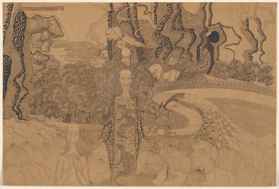 Alegorické zobrazení s postavami a pávem v zahradě od Karel de Nerée tot Babberich (signed by artist)