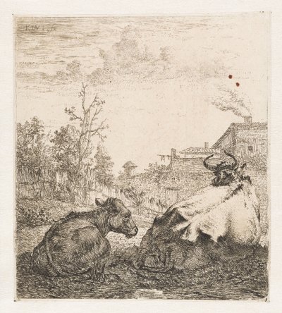 Ležící kráva s teletem Zvířata (název seriálu) od Karel du Jardin (signed by artist)