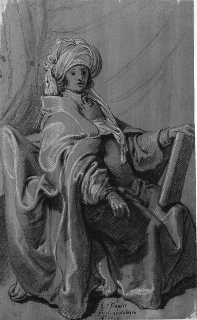 Sedící postava v plášti a turbanu, držící knihu. Tváří v tvář doprava. od Karel van III Mander