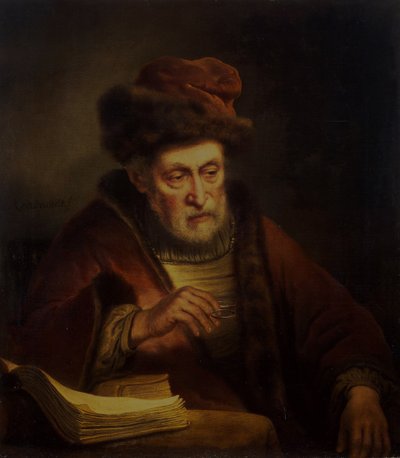 Starý muž drží brýle od Karel van der Pluym