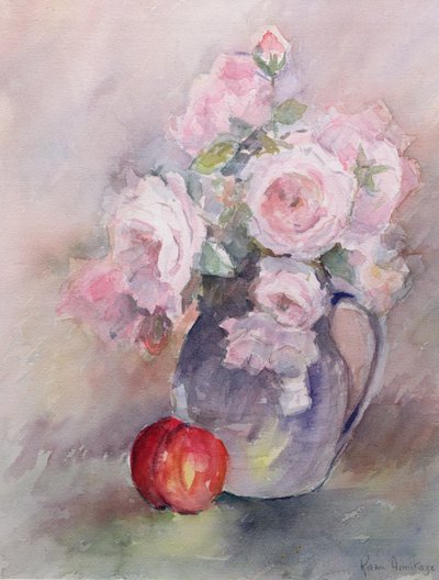 Růžové růže v modrém džbánu, 1994 (wc) od Karen Armitage