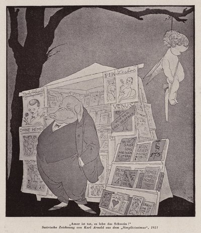 Amor visící na stromě nad pouličním stánkem s pornografií (litografie) od Karl Arnold