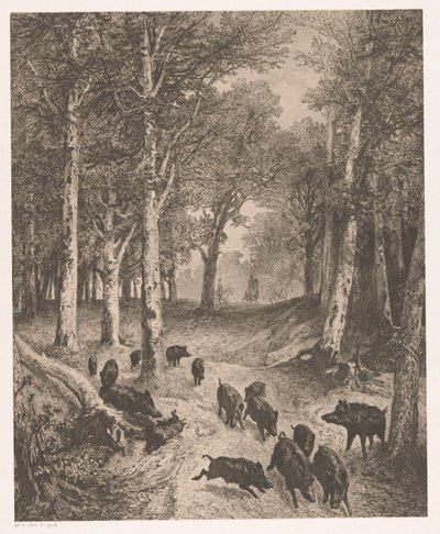 Skupina kanců prchající před dvěma lovci na koních od Karl Bodmer