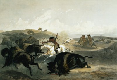 Indiáni lovící bizony, deska 31 ze svazku 2 „Cesty ve vnitrozemí Severní Ameriky“, vyryl Carl Vogel (1816-51) 1844 (akvatinta) od Karl Bodmer