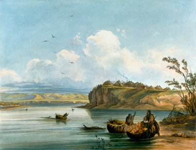 Indiánské ženy Mandan překračující řeku Missouri na člunech vyrobených z buvolí kůže, Civilizace domorodých Američanů, Spojené státy americké od Karl Bodmer