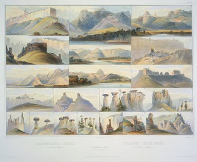 Remarkable Hills on the Upper Missouri, rytina F. Salathe, publikuje v roce 1839 (akvatinta) od Karl Bodmer