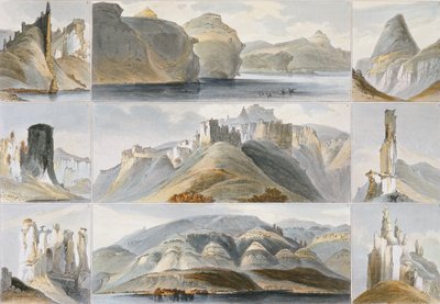 Pozoruhodné kopce na Upper Missouri, deska 34 ze svazku 2 „Cesty ve vnitrozemí Severní Ameriky“, vyryl Friedrich Salathe (1793-1858) 1844 (akvatinta) od Karl Bodmer