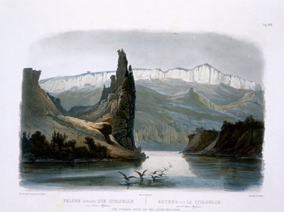 Citadel Rock na Upper Missouri, deska 18 ze svazku 1 „Cesty ve vnitrozemí Severní Ameriky“, vyryl Carl Vogel (1816-51) 1843 (akvatinta) od Karl Bodmer