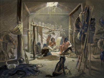 Interiér chatrče Mandanského náčelníka, deska 19 z 2. dílu Cesty po vnitrozemí Severní Ameriky, vyryla Narcisse Desmadryl, 1844 barevný detail akvatinty z 103848 od Karl Bodmer
