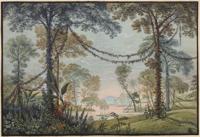 Armida. Opera Christopha Willibalda Glucka. Návrh 3. dekorace. Hájek ozdobený girlandami na břehu jezera od Karl Friedrich Schinkel