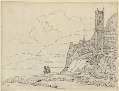 Horská krajina se zříceninami věže a postavami od Karl Friedrich Schinkel