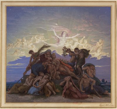 Berlín. Staré muzeum u Lustgartenu. Návrh nástěnné malby „Smutek u mohyly“ od Karl Friedrich Schinkel