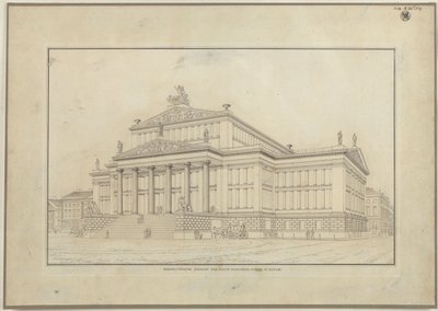 Berlín. Činoherní divadlo na Gendarmenmarktu. Perspektivní pohled na průčelí od Karl Friedrich Schinkel