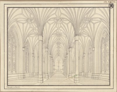 Berlín, Spittelmarkt. Návrh kostela svaté Gertrudy. Pohled do interiéru, skrze loď směrem k chóru od Karl Friedrich Schinkel