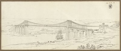 Pohled na visutý most přes Menaiský průliv u Bangoru ve Walesu od Karl Friedrich Schinkel