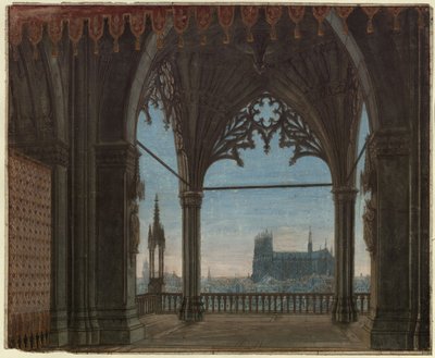 Panna orleánská. Tragédie Friedricha Schillera. Návrh pro 8. dekoraci. Gotický sál s výhledem na Remeš od Karl Friedrich Schinkel