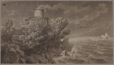 Skalnaté mořské pobřeží s majákem v antickém stylu na rozbouřeném moři od Karl Friedrich Schinkel