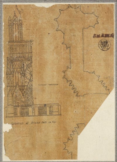 Kathedrale von Reims. Teilansicht der Westfassade und Grundriss od Karl Friedrich Schinkel
