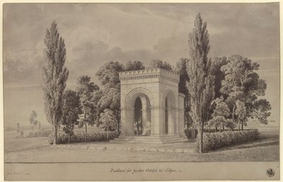 Lützen. Návrh pomníku švédského krále Gustava II. Adolfa v podobě románské síně nad Švédským kamenem s připojenou apsidou. Pohled od Karl Friedrich Schinkel