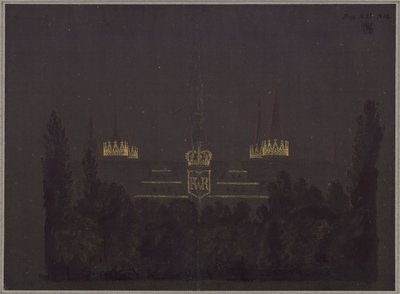 Merseburg. Zámek. Návrh osvětlení zámku u příležitosti oslav holdování pruskému králi Fridrichu Vilémovi III. od Karl Friedrich Schinkel