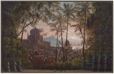 Nurmahal aneb slavnost růží v Kašmíru. Opera Gaspara Spontiniho. Návrh pro 1. dekoraci. Palácová zahrada s výhledem na Kašmír od Karl Friedrich Schinkel