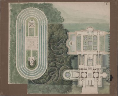 Potsdam-Sanssouci. Antický venkovský dům u zámku Charlottenhof. Situační plán a půdorys od Karl Friedrich Schinkel