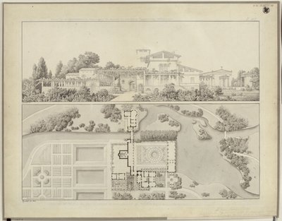 Potsdam-Sanssouci. Římské lázně u zámku Charlottenhof. Pohled od západu a půdorys zahradníkova domu od Karl Friedrich Schinkel
