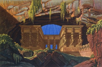 Chrám Isis a Osiris, kde velekněz Sarastro celebruje „Die Zauberflote“ od Karl Friedrich Schinkel