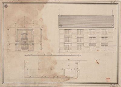 Tillendorf (Bolesławice, liehnický vládní obvod). Návrh evangelického kostela. Půdorys, nárys boční fasády a příčný řez od Karl Friedrich Schinkel
