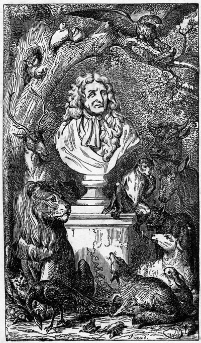 Alegorická busta Jean de La Fontaine, obklopená zvířaty; frontispis knihy Bajky de la Fontaine od Karl Girardet