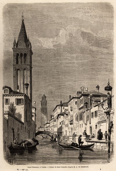 Kanál Rezonico, kresba Karla Girardeta (1813-1871), k ilustraci cesty Adalberta de Beaumonta do Benátek, kolem roku 1850. Rytina „“Le tour du monde“, editoval Edouard Charton od Karl Girardet
