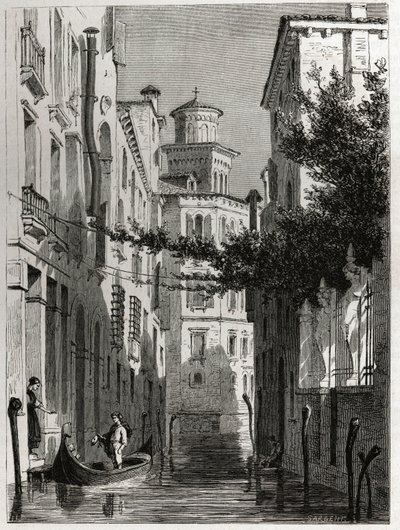 Palác Bianca Cappello ve Venezia, Benátky. kresba Karla Girardeta (1813-1871), k ilustraci cesty Adalberta de Beaumonta do Benátek kolem roku 1850. Rytina „“Le tour du monde“, editoval Edouard Charton od Karl Girardet