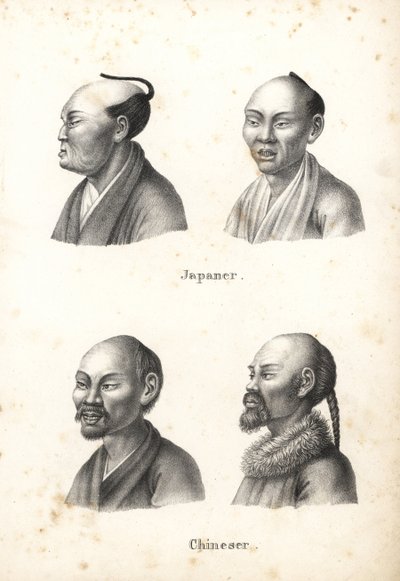Busty japonských mužů s chonmage účesem s uzlíkem a čínských mužů s vousy, jeden s copánkem. Litografie Karla Josepha Brodtmanna z Ilustrované přírodní historie lidí a zvířat Heinricha Rudolfa Schinze od Karl Joseph Brodtmann