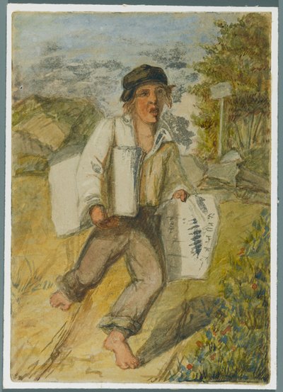 Newspaper Boy, 1864 (wc nad černým mediálním podkresem) od Karl L.H. Mueller