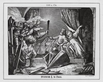 Hartmann ze Siebenichu se převlékl za Fridricha Barbarossu, aby císaři umožnil útěk ze Sús v Itálii. od Karl Ludwig Adolf Ehrhardt