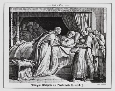 Královna Matylda u smrtelné postele východofranského krále Jindřicha I., 936 (rytina) od Karl Ludwig Adolf Ehrhardt