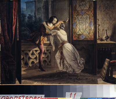 Romeo a Julie (Romeo a Julie). Muž vylézající na balkón, aby našel ženu na tajném setkání. Obraz Karla Pavloviče Briullova (Bryullov) (1799-1852). Akvarel na kartonu, cca 1830, 23,2 x 31,5 cm, ruské umění od Karl Pavlovich Bryullov